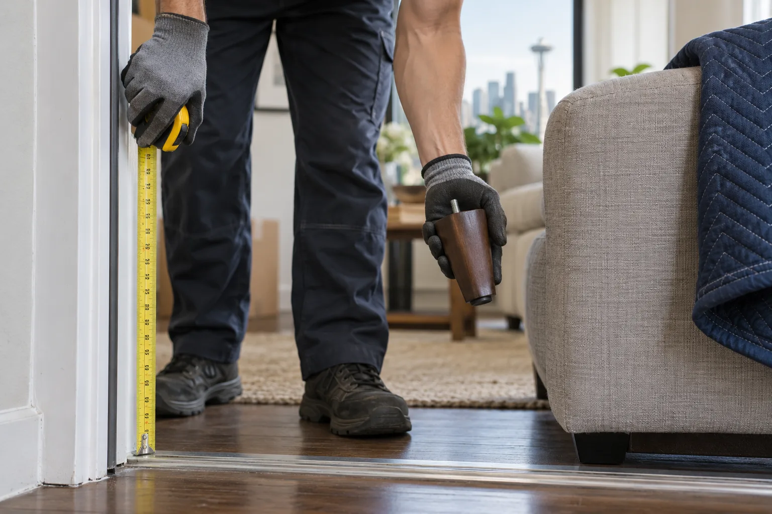 A worker measures a doorway and checks a removable sofa leg.