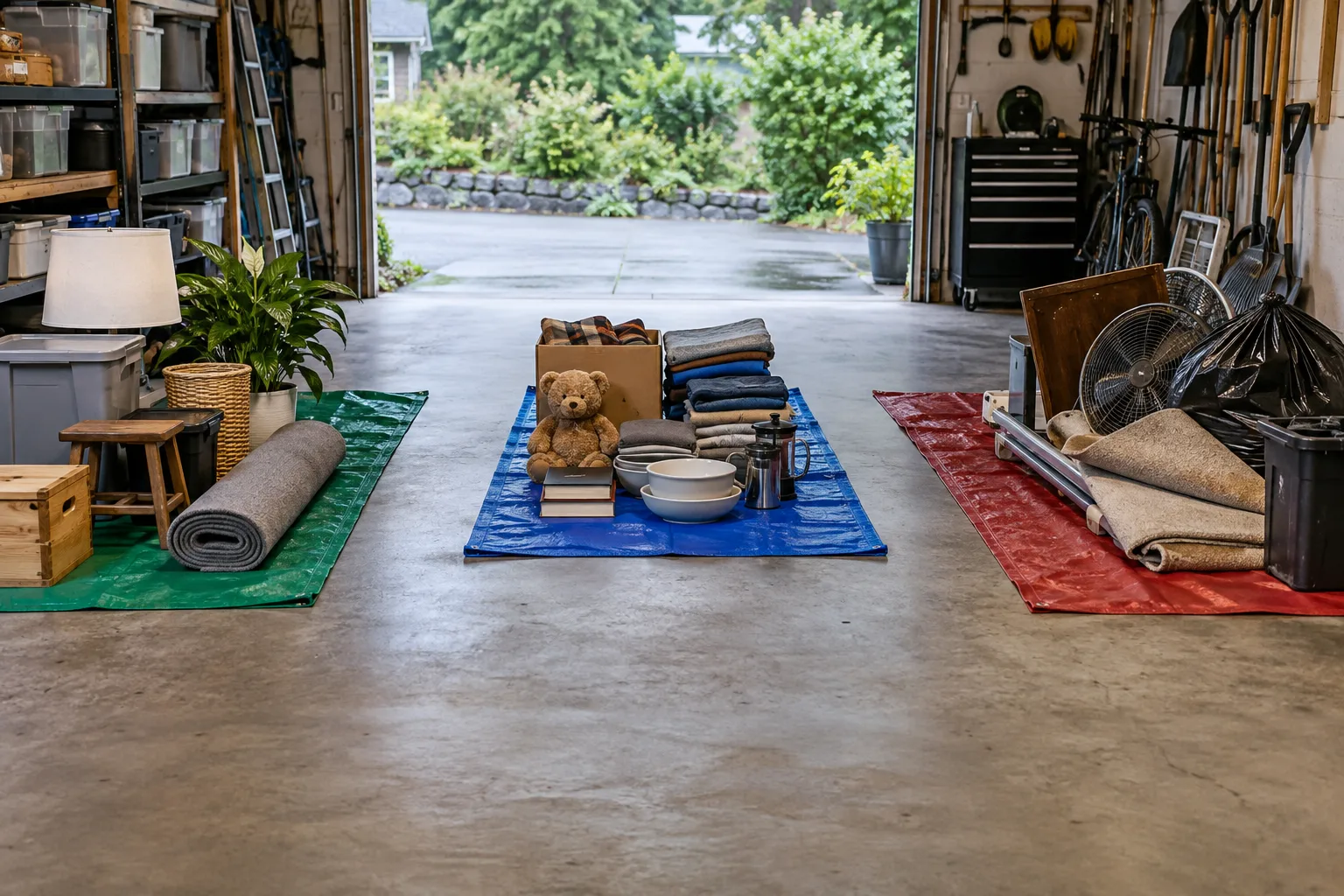 Garage items are separated into three neat groups with a clear center aisle.