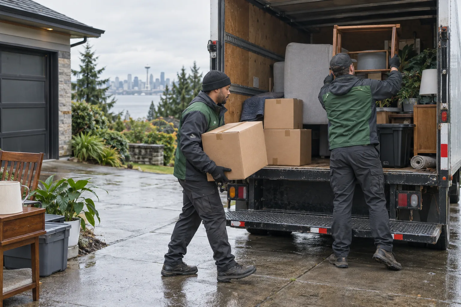 Workers load sorted household items into an unbranded truck.